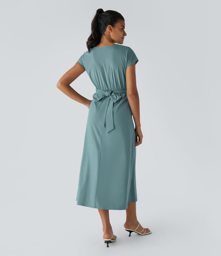Smeralda™ - Casual midi dress with short sleeves and V-stud, side pockets and retro laces