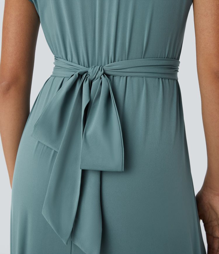 Smeralda™ - Casual midi dress with short sleeves and V-stud, side pockets and retro laces
