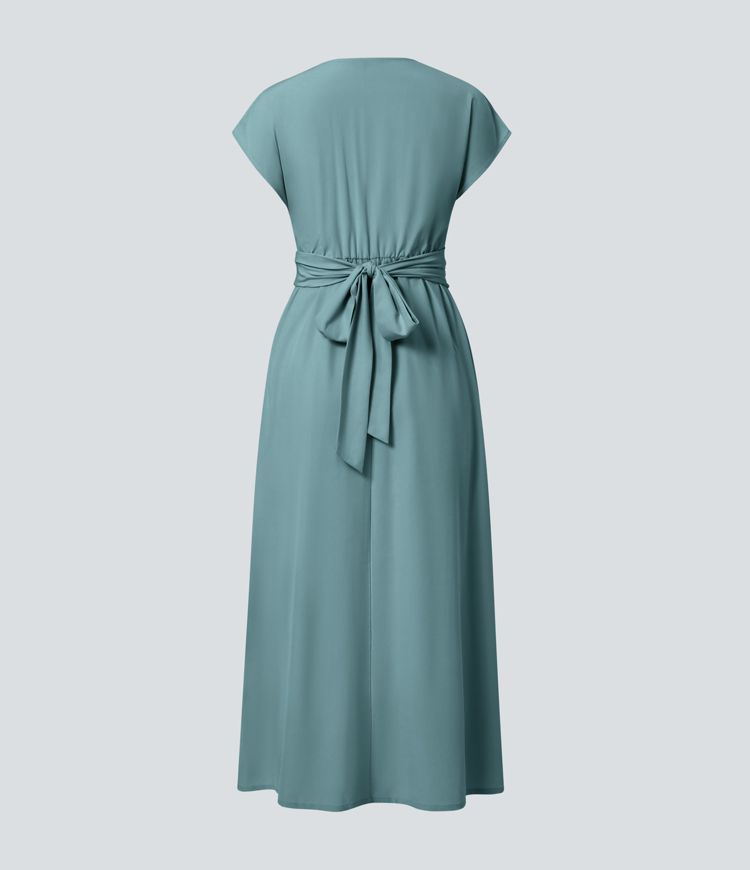 Smeralda™ - Casual midi dress with short sleeves and V-stud, side pockets and retro laces