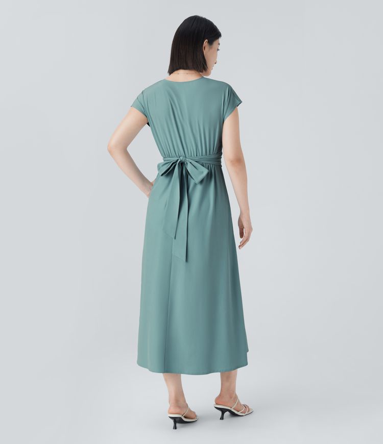 Smeralda™ - Casual midi dress with short sleeves and V-stud, side pockets and retro laces