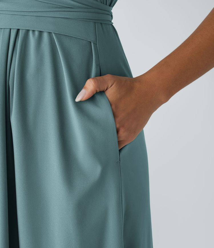 Smeralda™ - Casual midi dress with short sleeves and V-stud, side pockets and retro laces