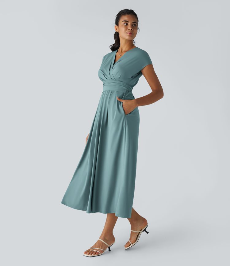 Smeralda™ - Casual midi dress with short sleeves and V-stud, side pockets and retro laces