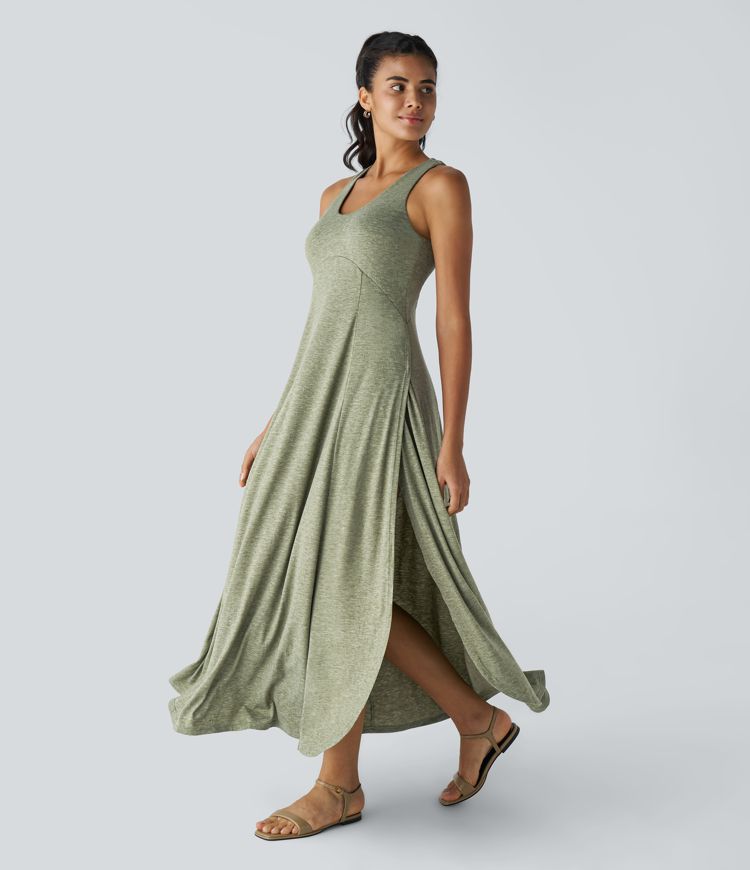 Serena™ - Maxi dress with flowing canotta and senza schienale con scollatura a U e spacco