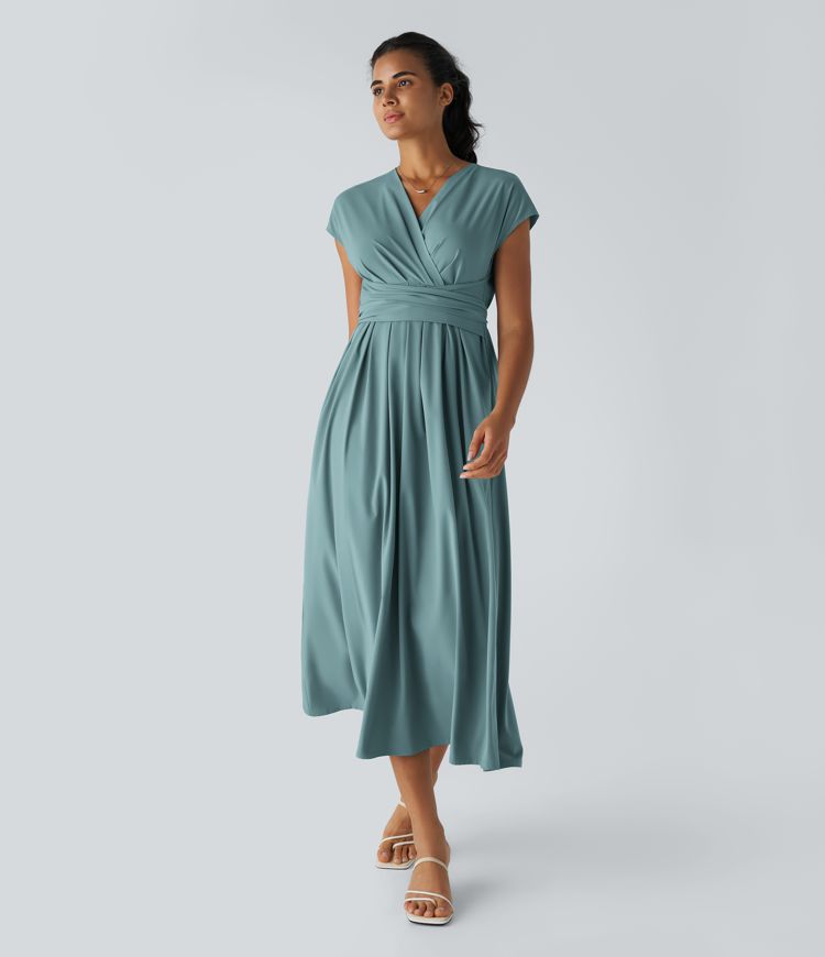Smeralda™ - Casual midi dress with short sleeves and V-stud, side pockets and retro laces