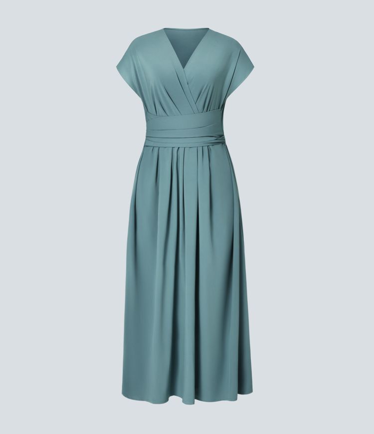 Smeralda™ - Casual midi dress with short sleeves and V-stud, side pockets and retro laces