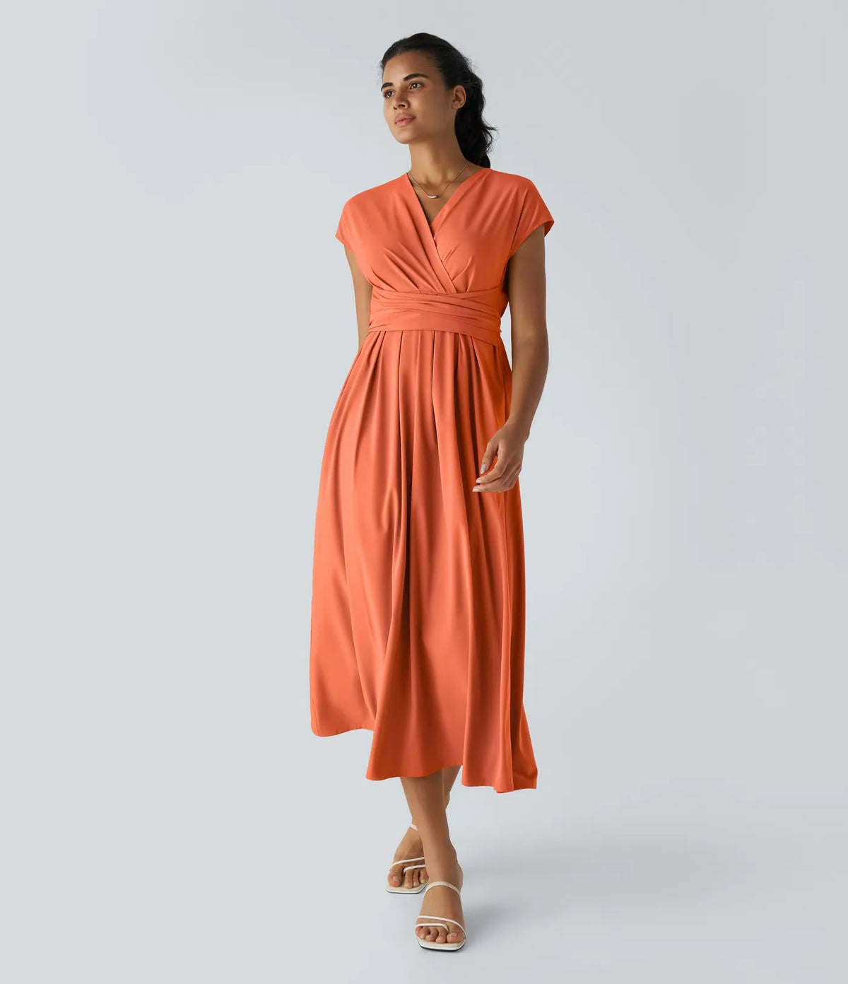 Smeralda™ - Casual midi dress with short sleeves and V-stud, side pockets and retro laces