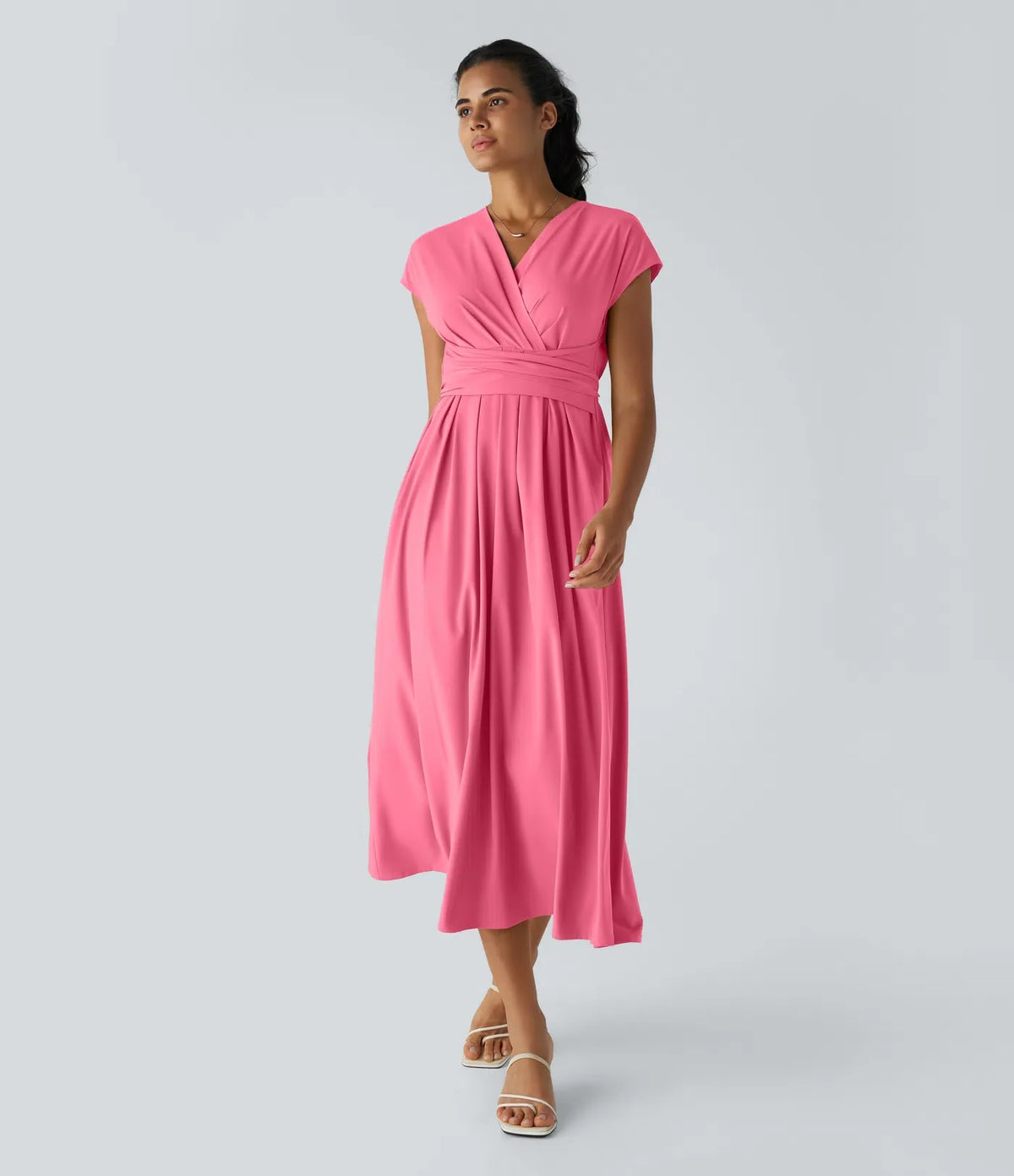 Smeralda™ - Casual midi dress with short sleeves and V-stud, side pockets and retro laces
