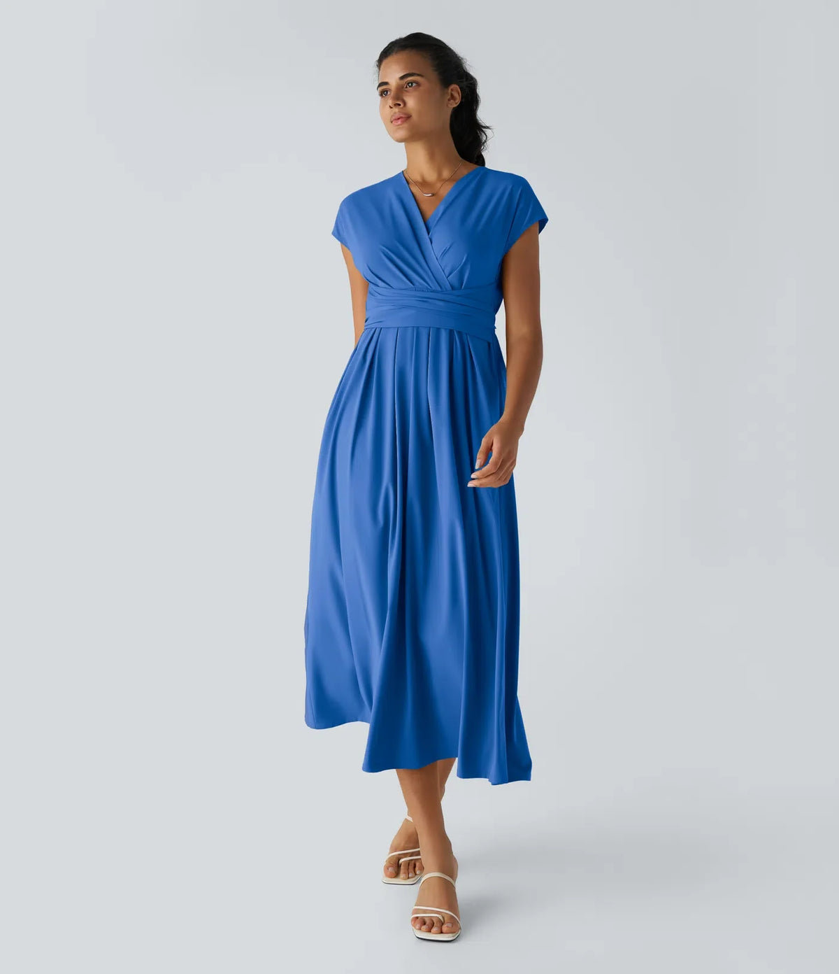 Smeralda™ - Casual midi dress with short sleeves and V-stud, side pockets and retro laces
