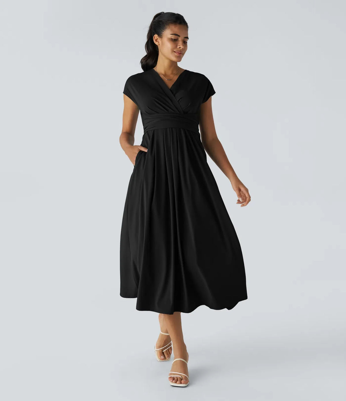 Smeralda™ - Casual midi dress with short sleeves and V-stud, side pockets and retro laces