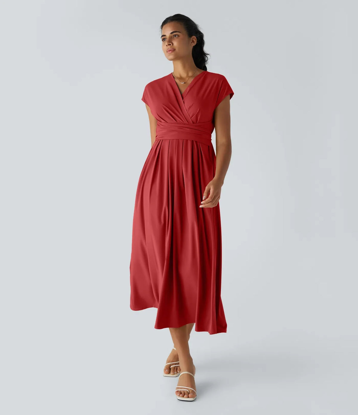 Smeralda™ - Casual midi dress with short sleeves and V-stud, side pockets and retro laces
