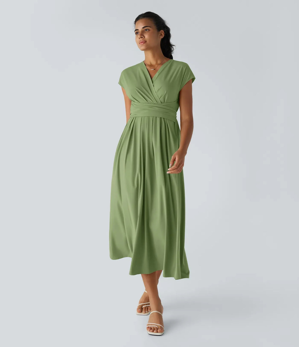 Smeralda™ - Casual midi dress with short sleeves and V-stud, side pockets and retro laces
